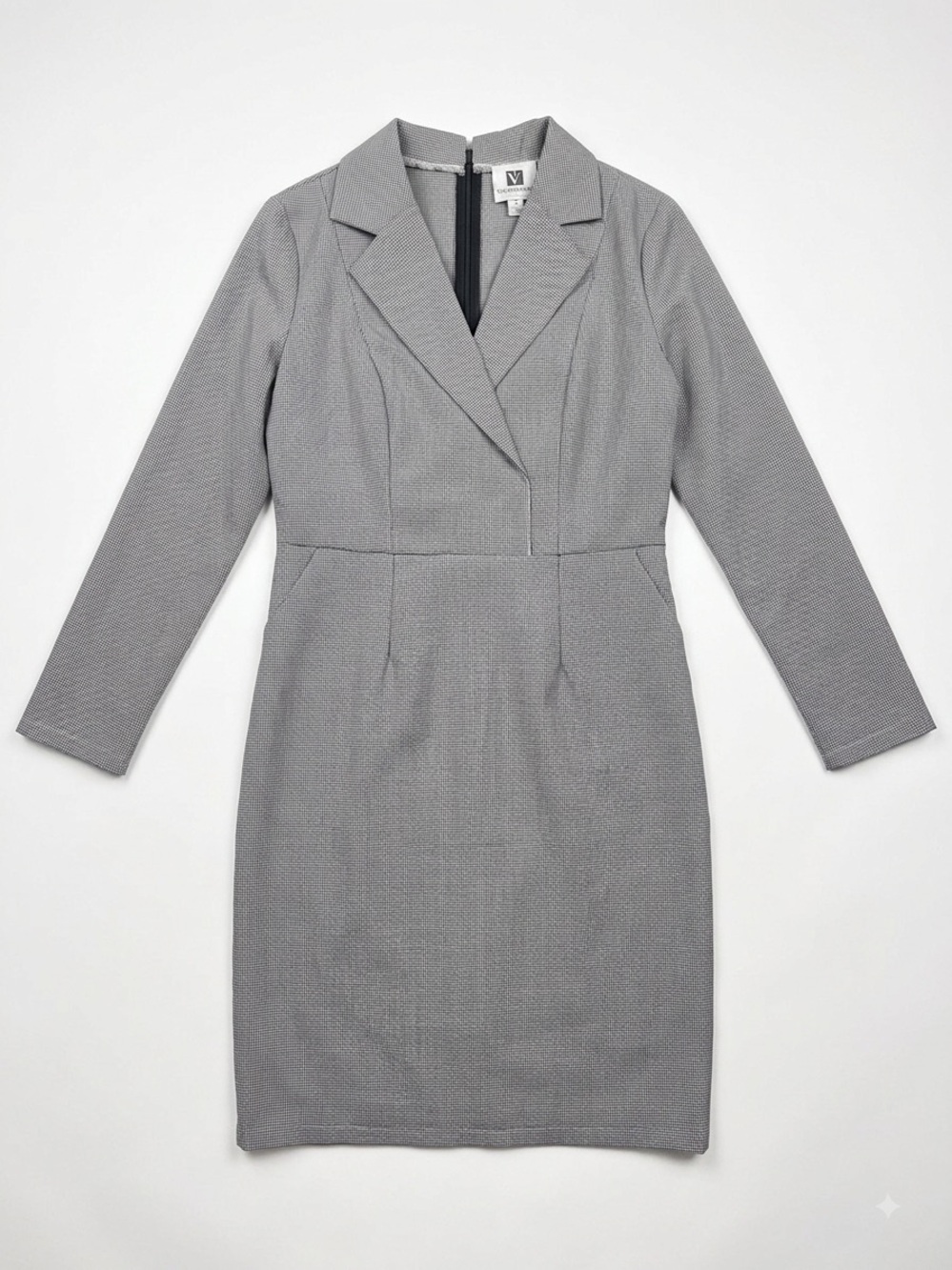 Vicky and Lucas Vintage Inspired Structured Grey Long-Sleeve Sheath Dress